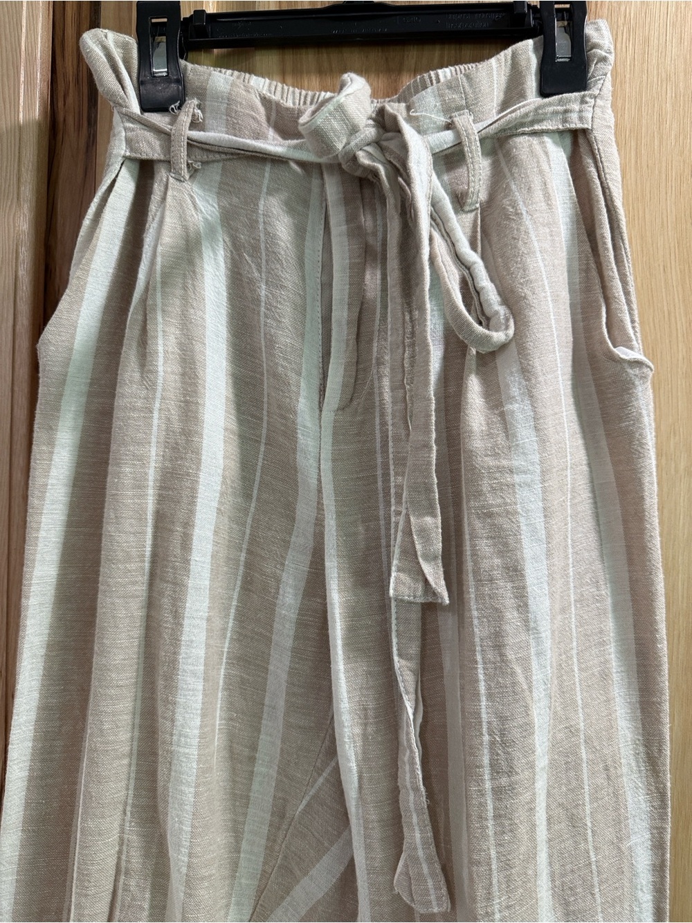 Striped Paperbag Waist Wide Leg Pants in Light Beige - Picture 2 of 11